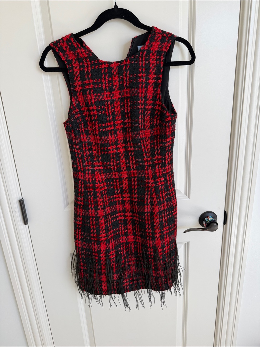 ANTONIO MELANI Red and Black Plaid Fringe Shift Dress